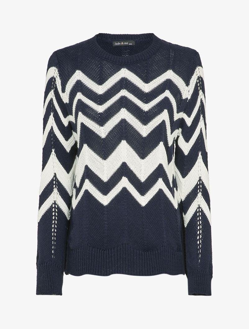 Pull en maille à motif zig zag - Marine - 1