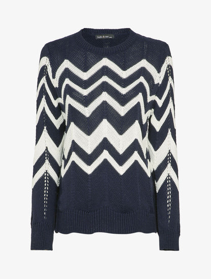 Pull en maille à motif zig zag - Marine - 1