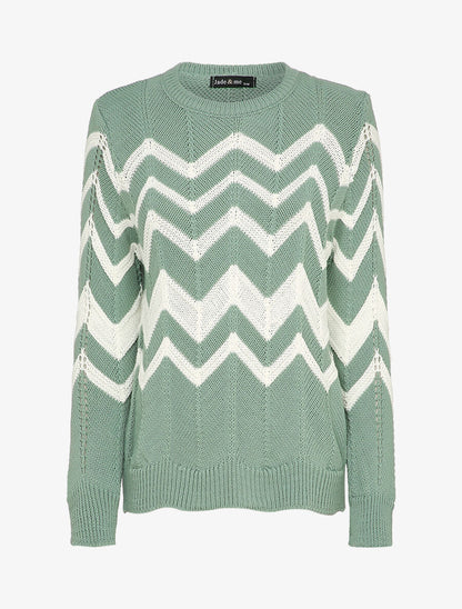 Pull en maille à motif zig zag - Bleu gris - 1