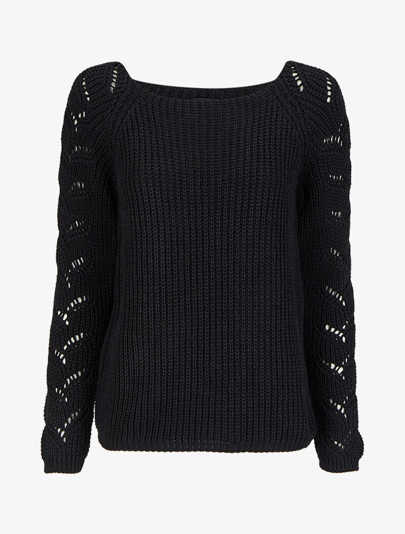 Pull en maille épaisse à manches effet tressé - Noir - 1