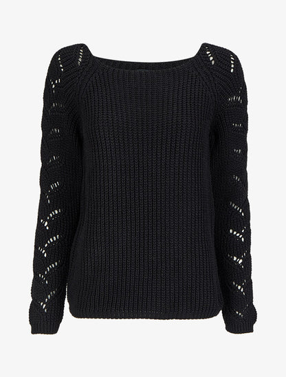 Pull en maille épaisse à manches effet tressé - Noir - 1