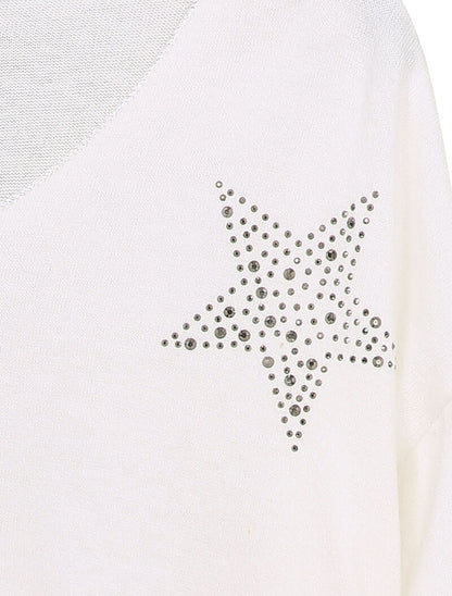 Pull fin oversize orné de strass - Blanc - 3