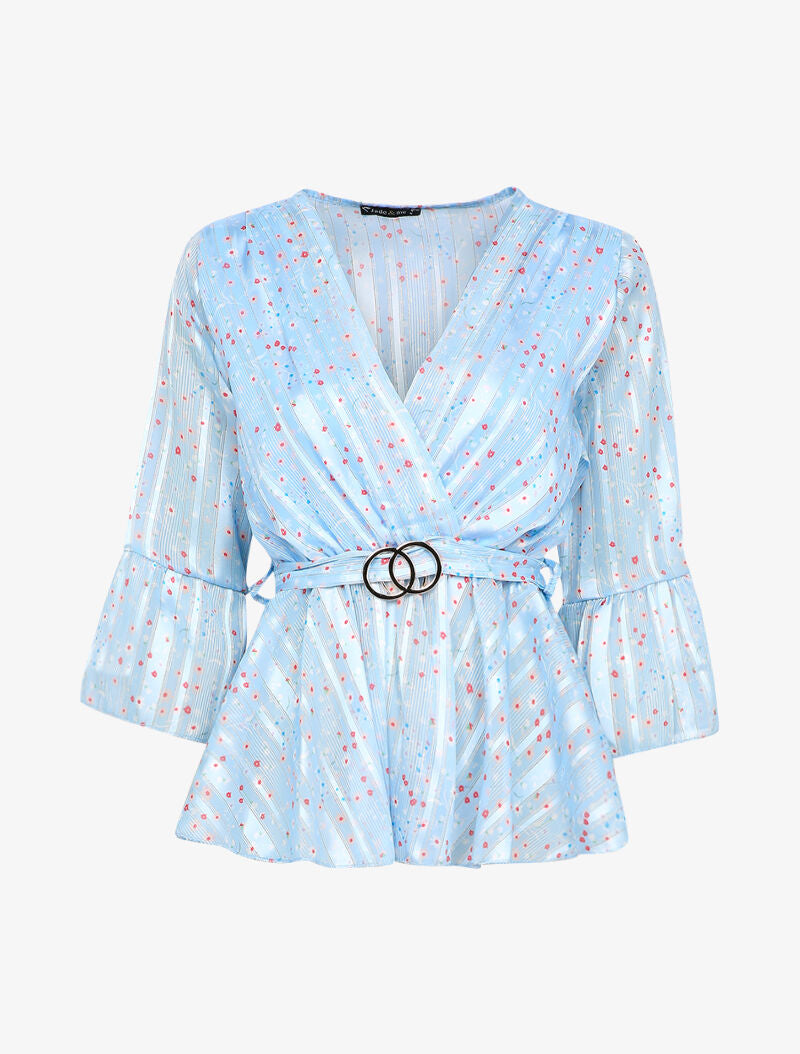 Top péplum à imprimé paquerettes et encolure cache-coeur - Bleu clair - 4