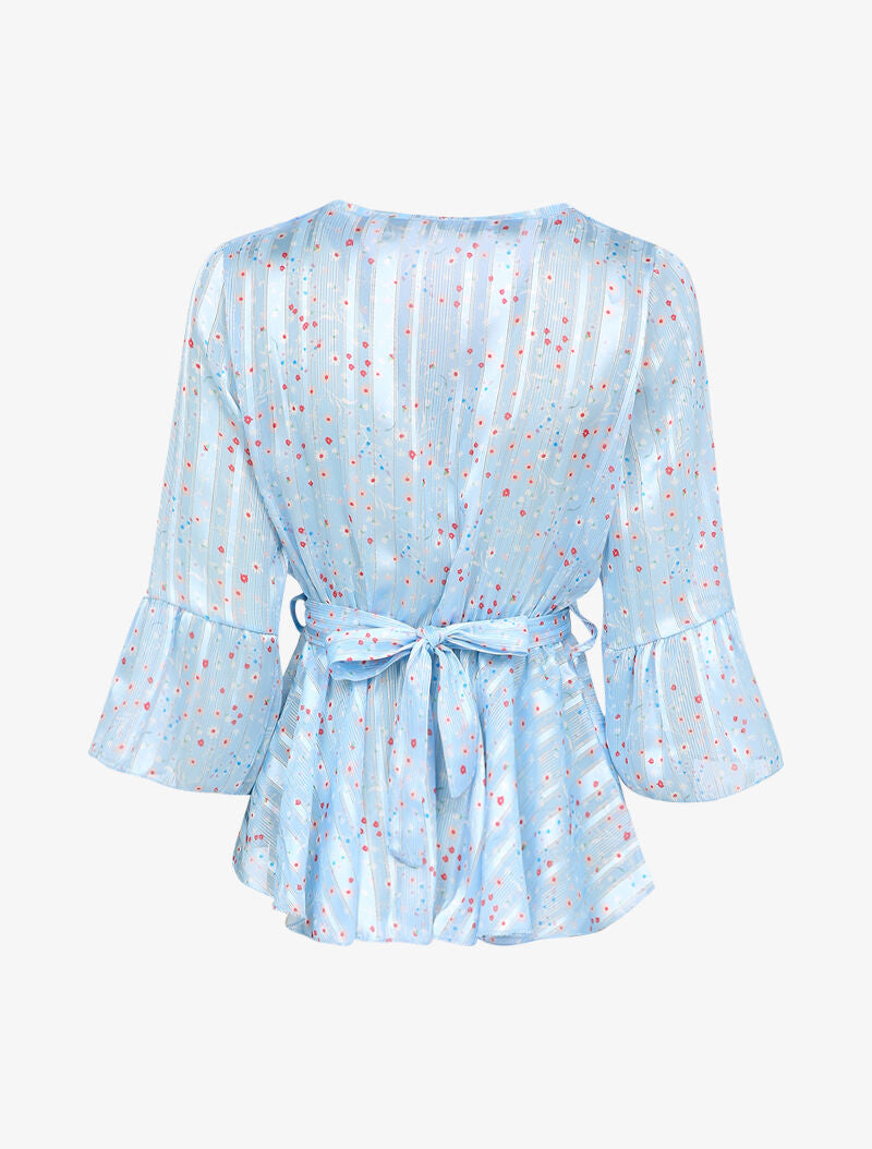 Top péplum à imprimé paquerettes et encolure cache-coeur - Bleu clair - 2