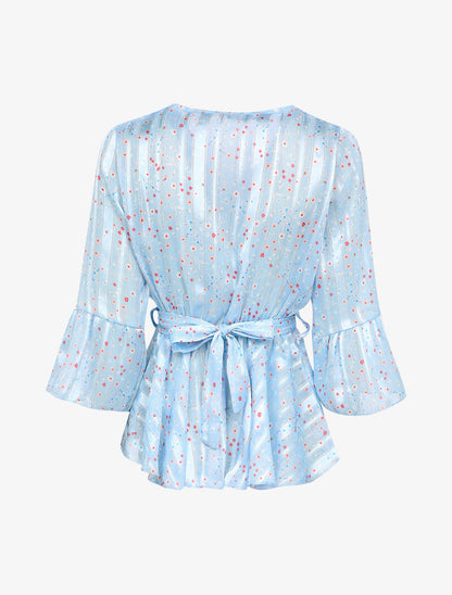 Top péplum à imprimé paquerettes et encolure cache-coeur - Bleu clair - 2