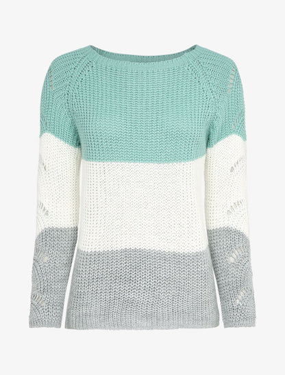 Pull long color block en maille - Bleu turquoise - 1