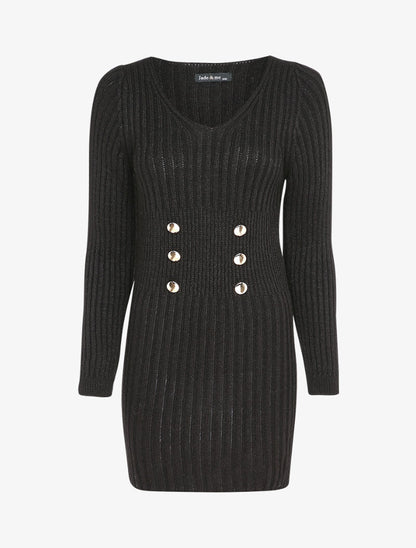 Pull long à boutons dorés stylisés - Noir - 1