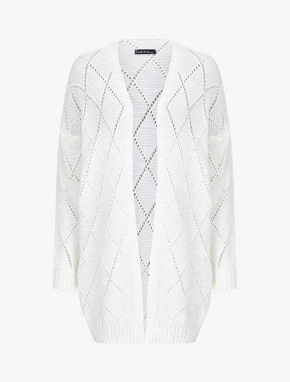 Cardigan mi-long en maille ajourée - Blanc - 1