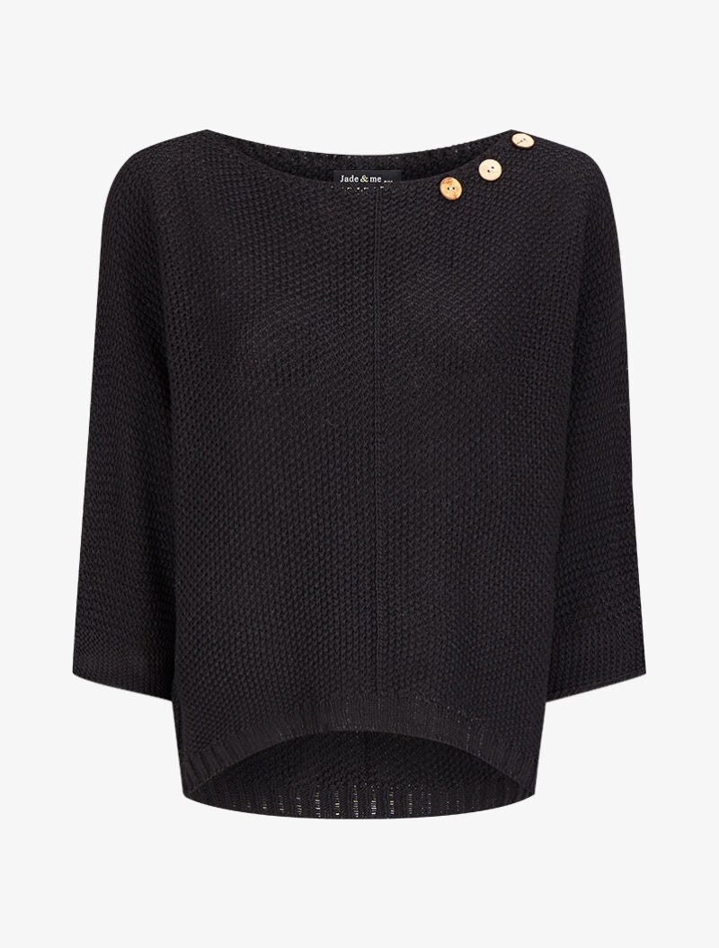 Pull en maille point de riz à col bateau boutonné - Noir - 1