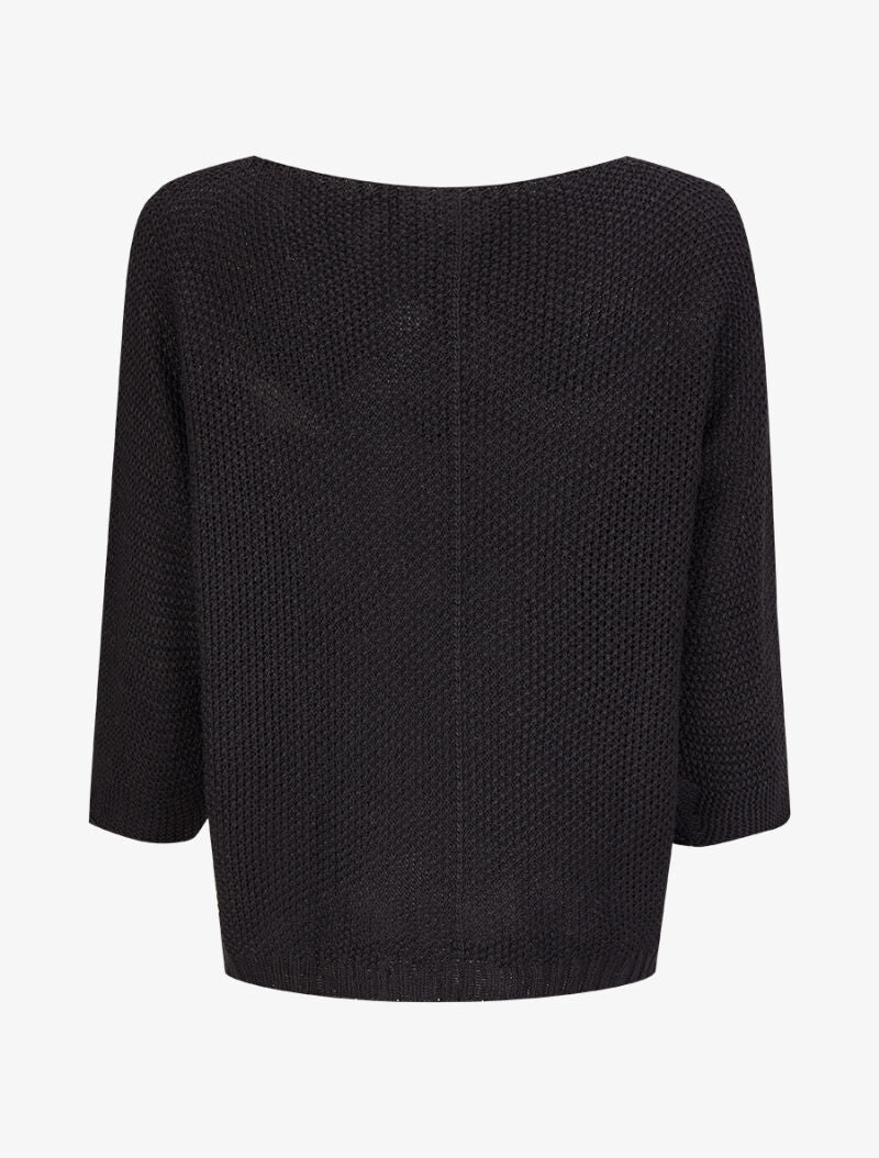 Pull en maille point de riz à col bateau boutonné - Noir - 2