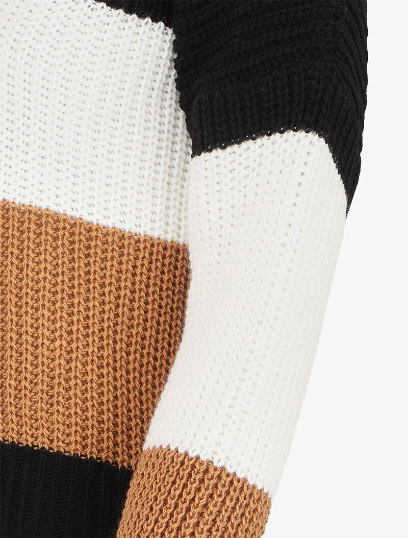 Pull rayé à col et dos en V - Camel - 3