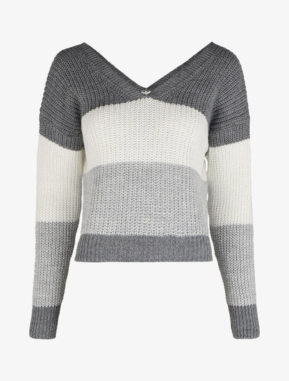 Pull rayé à col et dos en V - Gris - 1