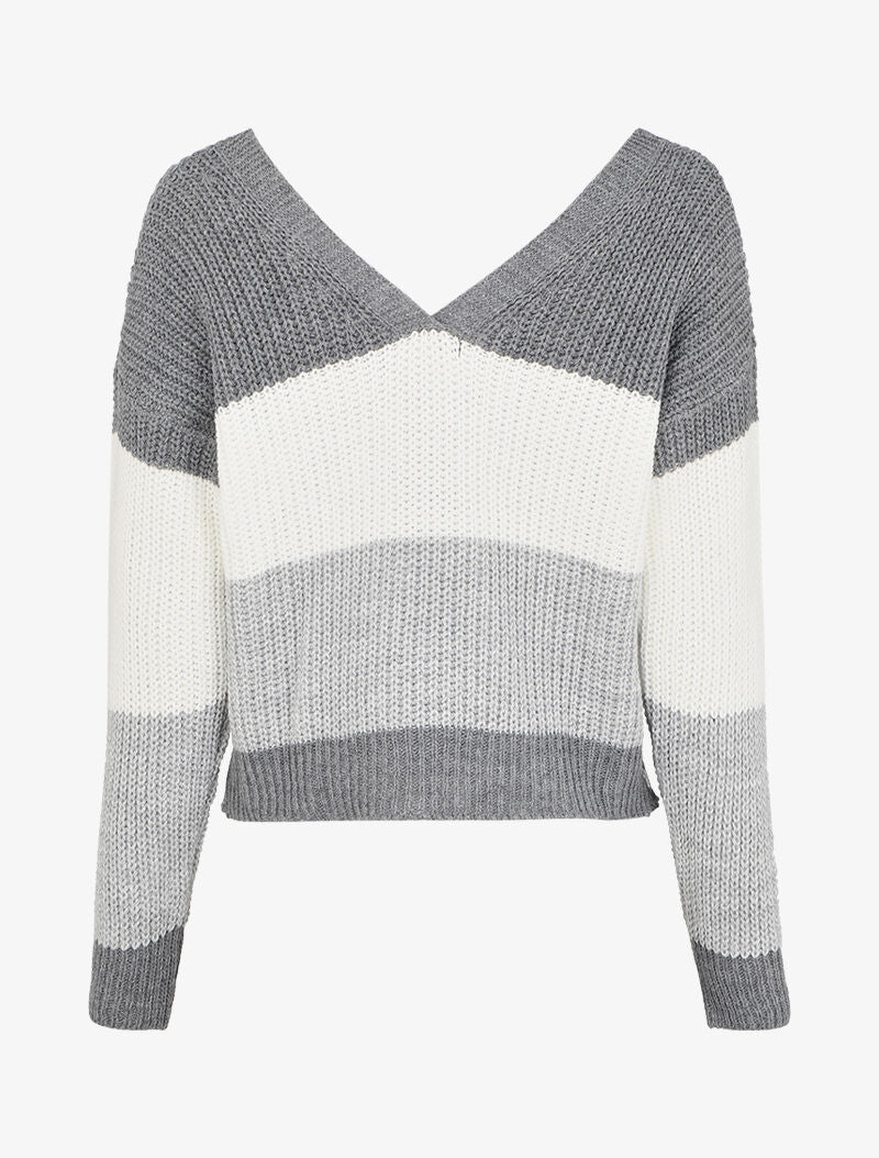 Pull rayé à col et dos en V - Gris - 2