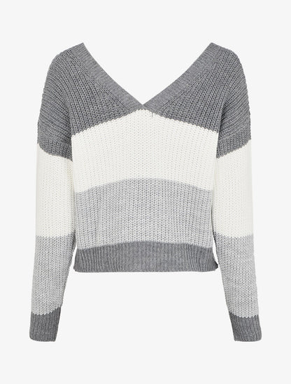 Pull rayé à col et dos en V - Gris - 2