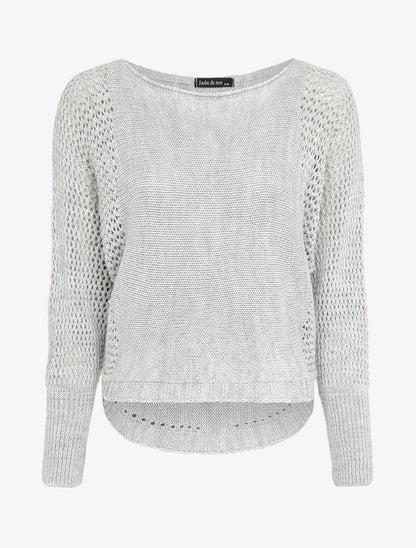 Pull à col bateau à manches en maille ajourée - Gris clair - 1