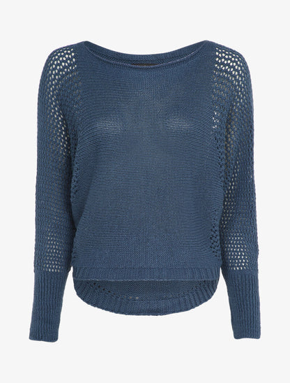 Pull à col bateau à manches en maille ajourée - Bleu - 1