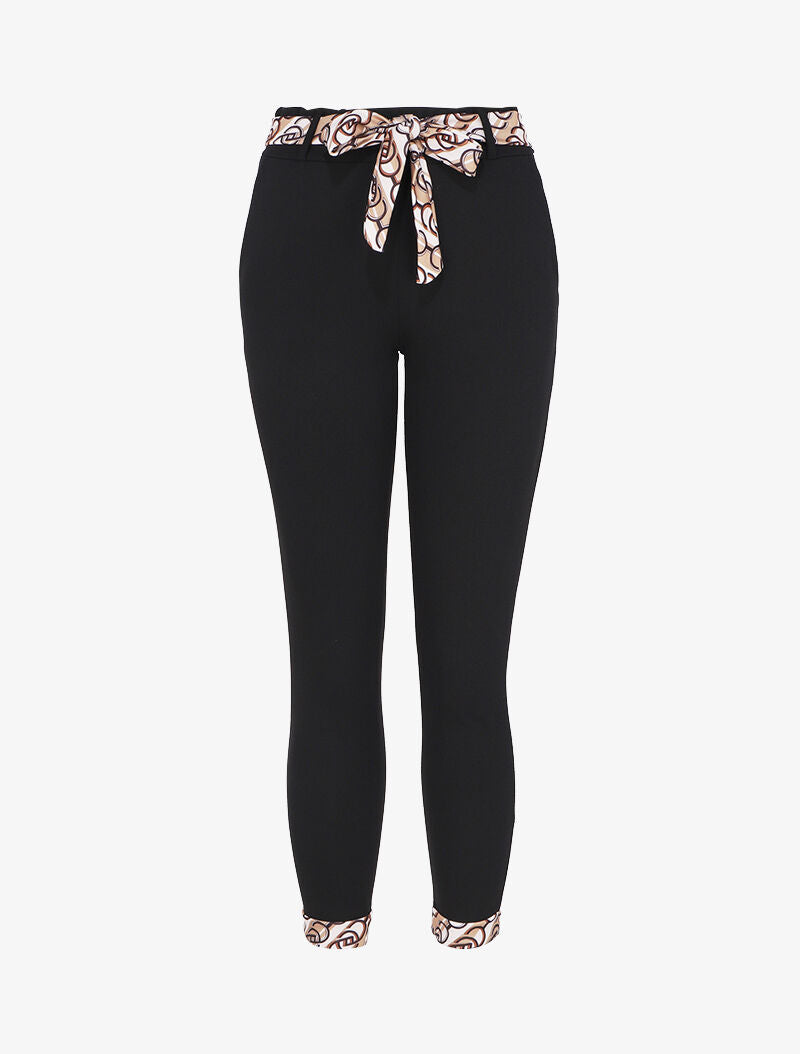 Pantalon taille haute 7/8 à revers imprimés - Noir/beige - 1