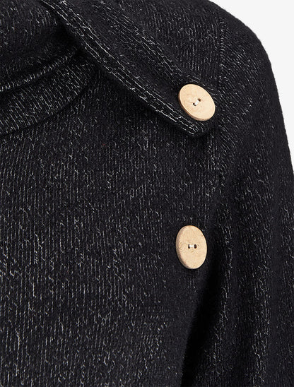 Pull à col roulé à détails boutons et pans avant croisés - Noir - 3