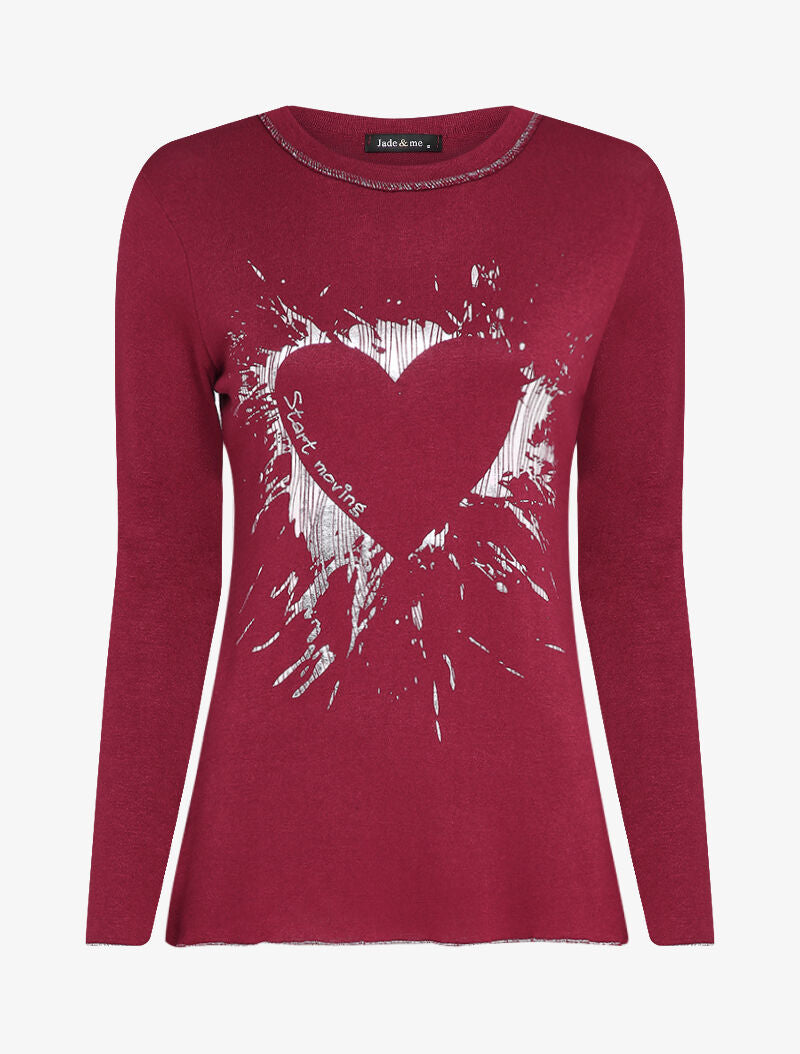Pull fin à motif coeur irisé et dos long - Bordeaux - 1