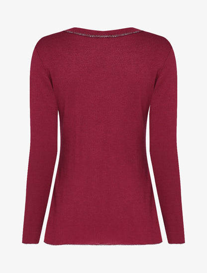 Pull fin à motif coeur irisé et dos long - Bordeaux - 2