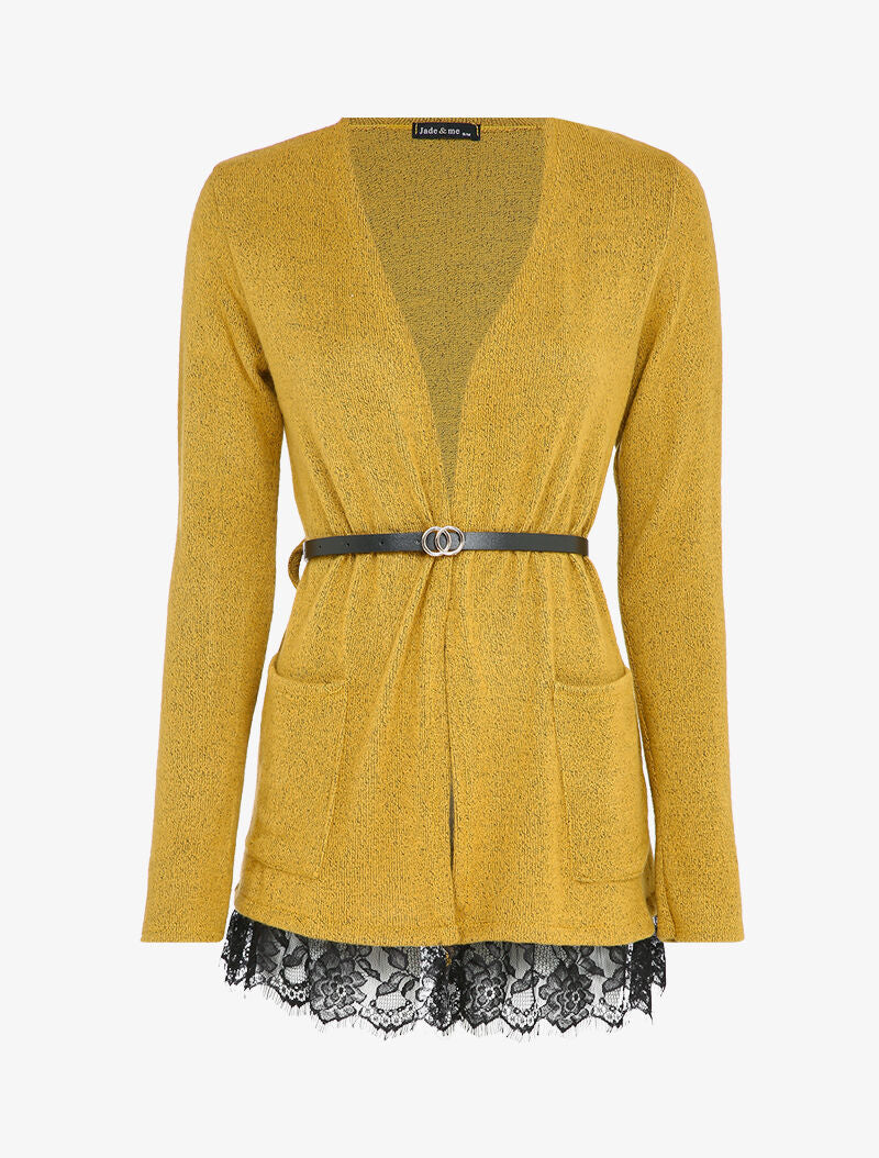 Gilet doux à bords en dentelle et poches - Moutarde - 1