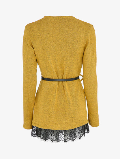 Gilet doux à bords en dentelle et poches - Moutarde - 2