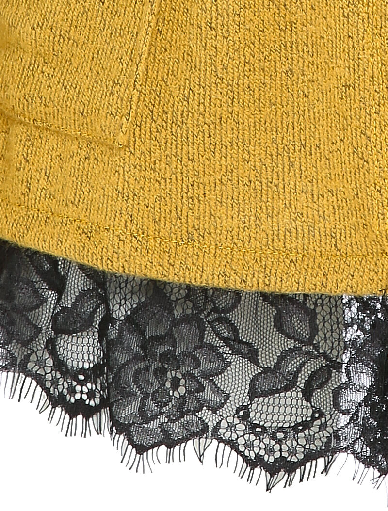 Gilet doux à bords en dentelle et poches - Moutarde - 3