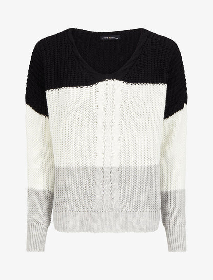 Pull tricolore à détail maille tressée - Noir - 4