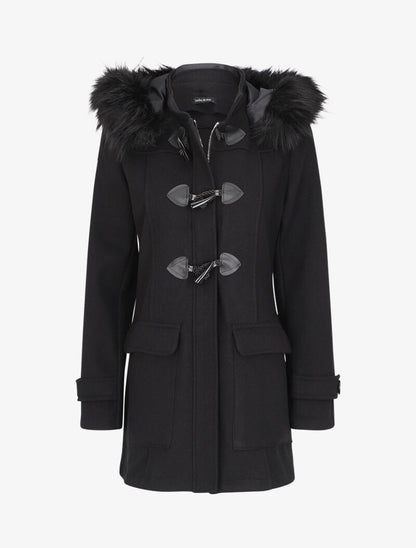 Duffle coat à capuche en fausse fourrure - Noir - 1