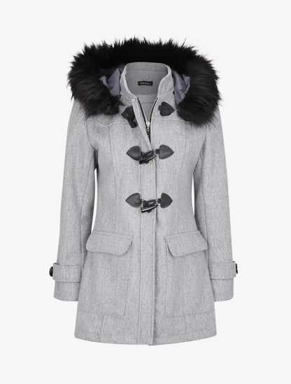 Duffle coat à capuche en fausse fourrure - Gris clair - 1