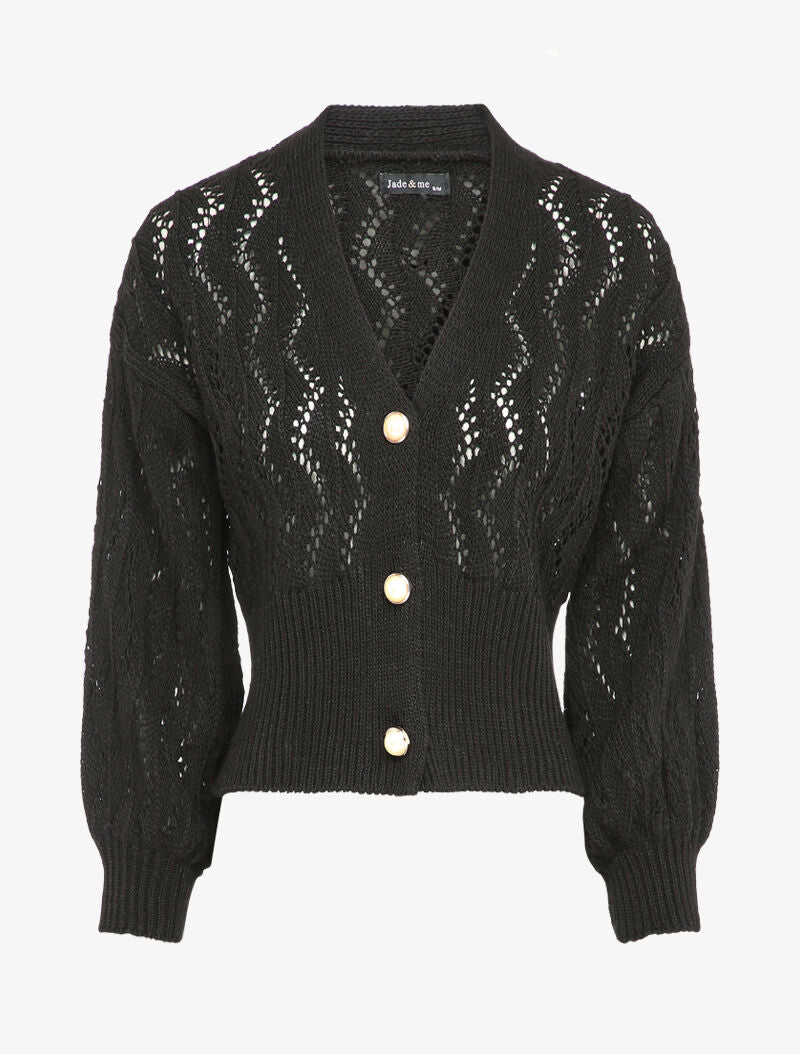 Gilet en maille ajourée à boutons en perles - Noir - 4