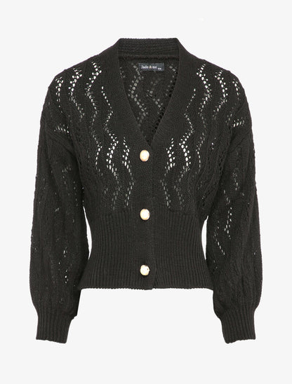 Gilet en maille ajourée à boutons en perles - Noir - 4
