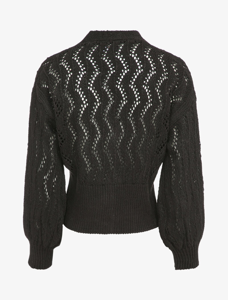 Gilet en maille ajourée à boutons en perles - Noir - 2