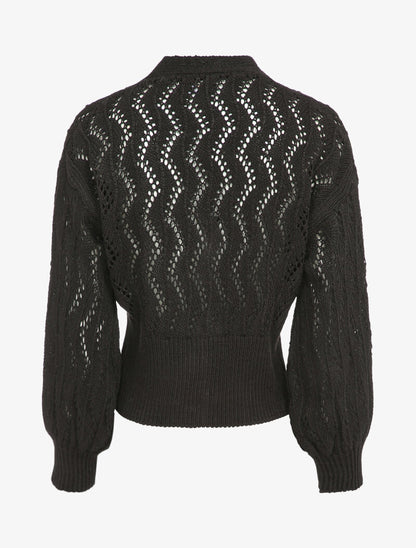 Gilet en maille ajourée à boutons en perles - Noir - 2