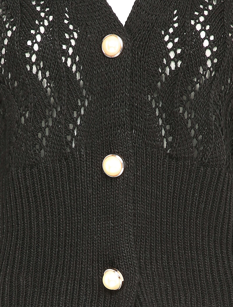 Gilet en maille ajourée à boutons en perles - Noir - 3