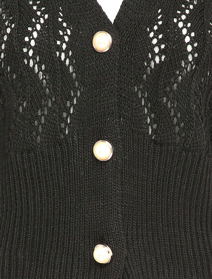 Gilet en maille ajourée à boutons en perles - Noir - 3