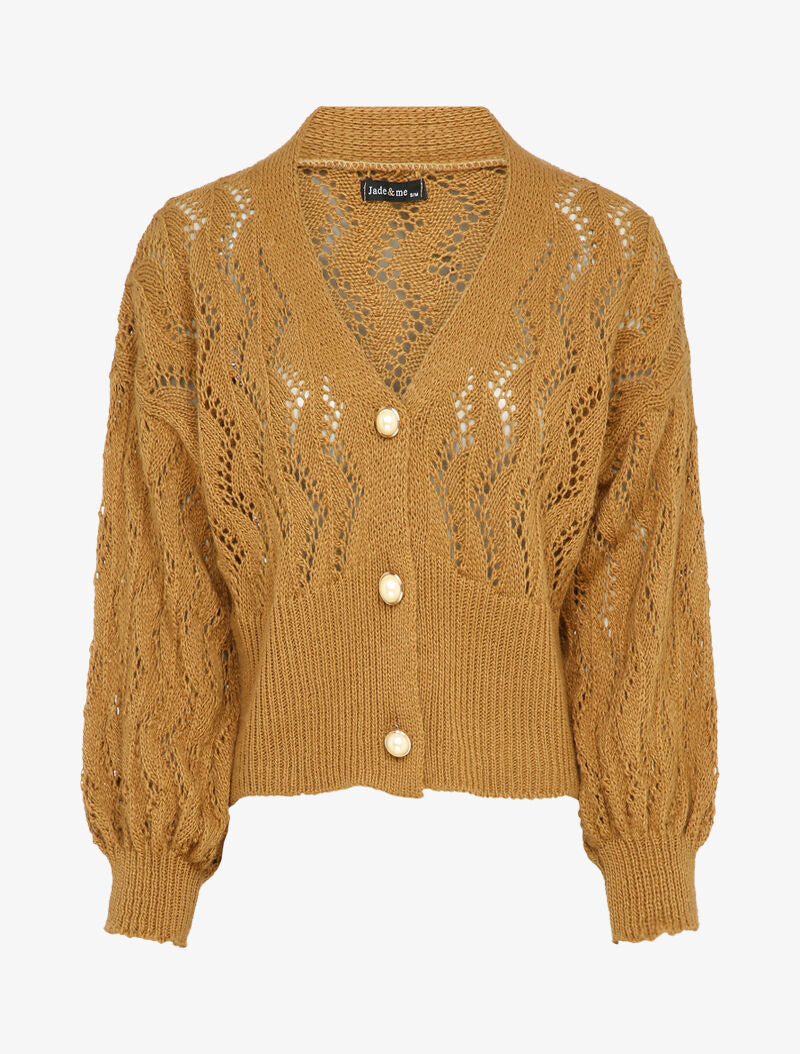 Gilet en maille ajourée à boutons en perles - Camel - 4