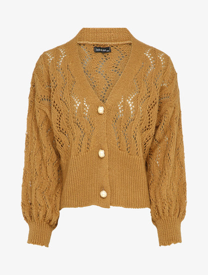 Gilet en maille ajourée à boutons en perles - Camel - 4