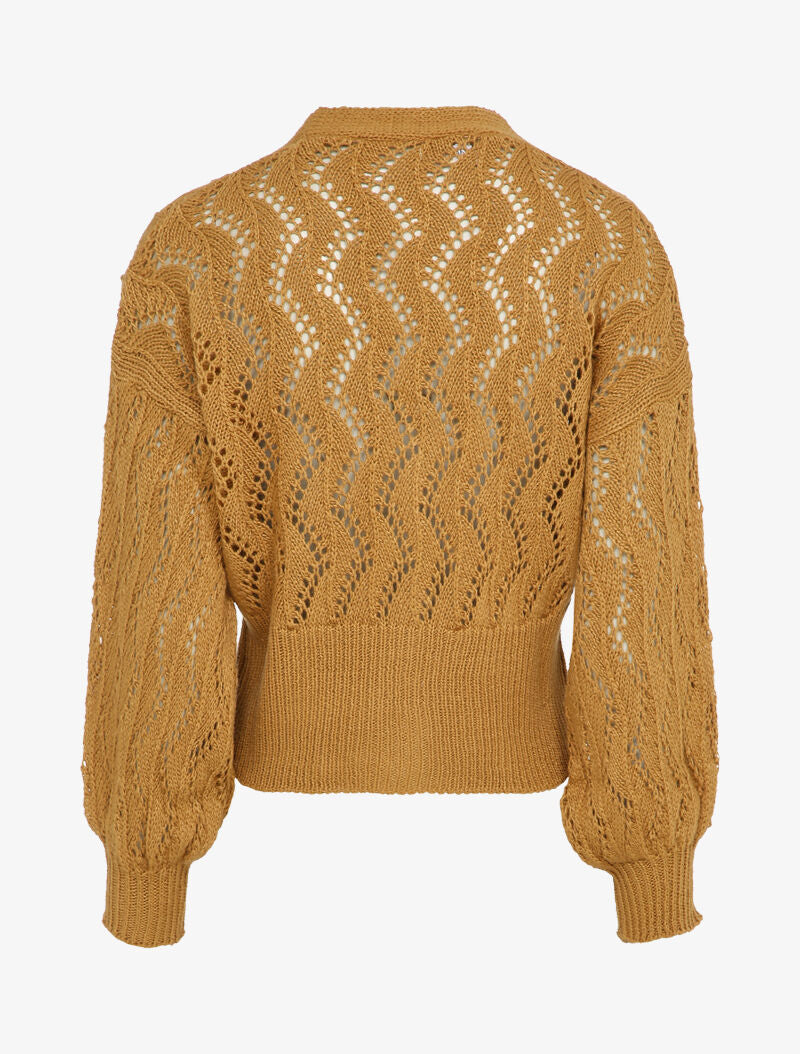 Gilet en maille ajourée à boutons en perles - Camel - 2