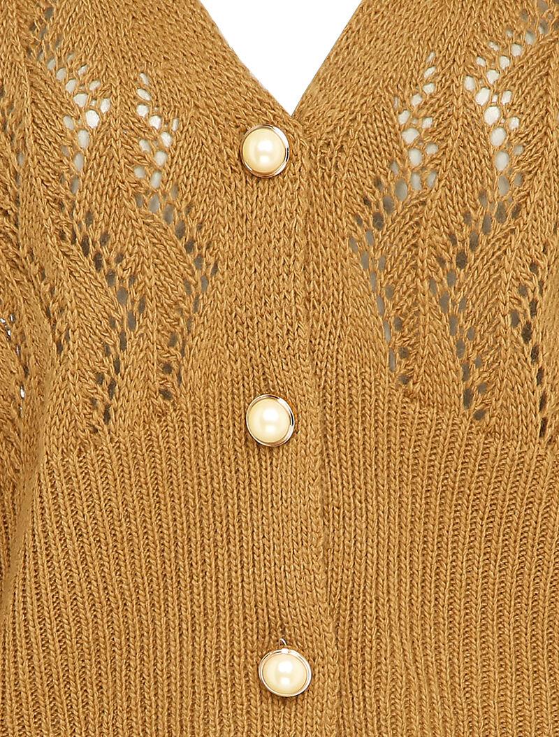 Gilet en maille ajourée à boutons en perles - Camel - 3