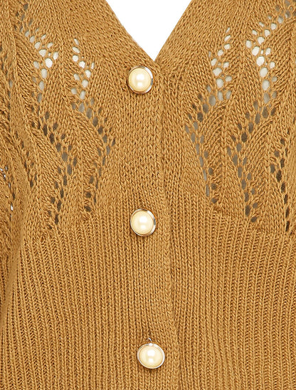 Gilet en maille ajourée à boutons en perles - Camel - 3