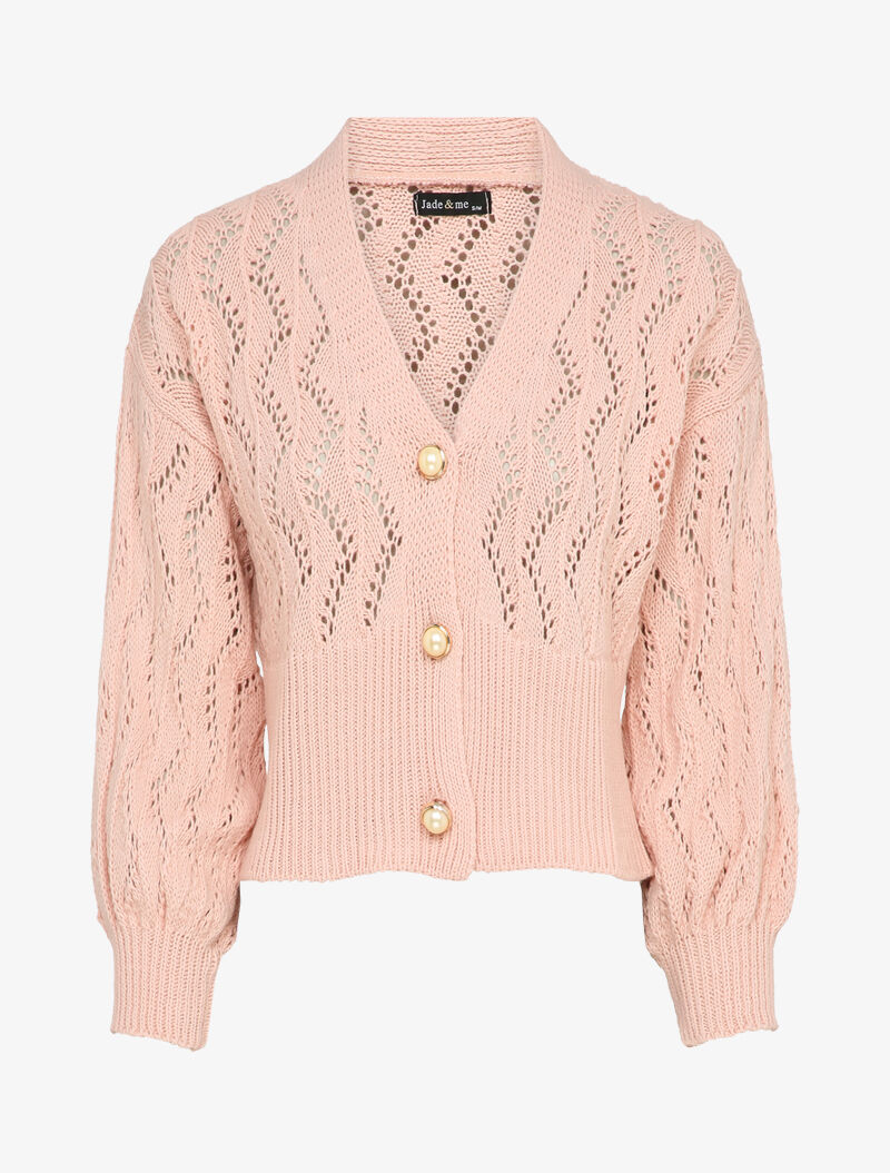 Gilet en maille ajourée à boutons en perles - Rose - 4