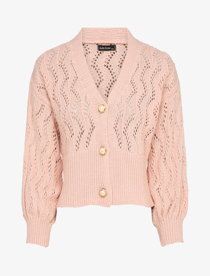 Gilet en maille ajourée à boutons en perles - Rose - 4