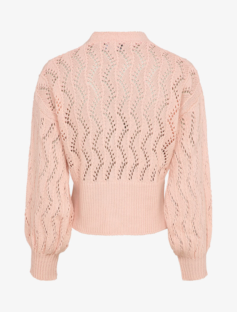 Gilet en maille ajourée à boutons en perles - Rose - 2