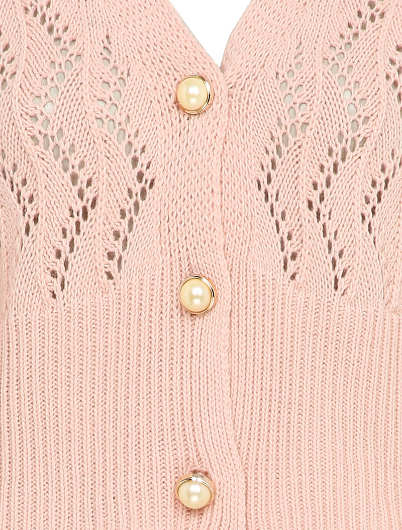 Gilet en maille ajourée à boutons en perles - Rose - 3
