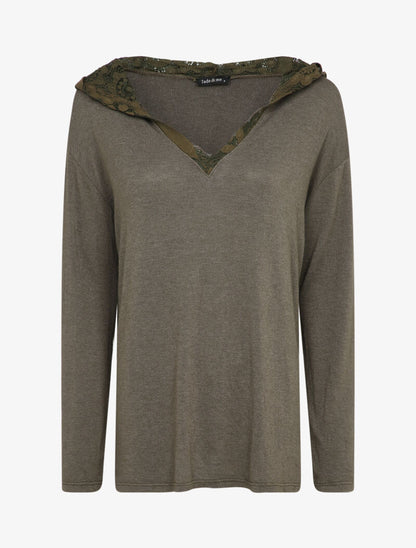 Pull fin à capuche en dentelle - Taupe - 1