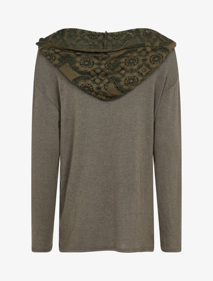 Pull fin à capuche en dentelle - Taupe - 2