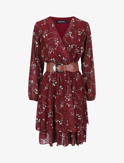 Robe cache-coeur à imprimé petites fleurs - Bordeaux - 1