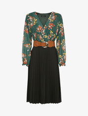 Robe longue à plis accordéon et imprimé floral - Vert - 1