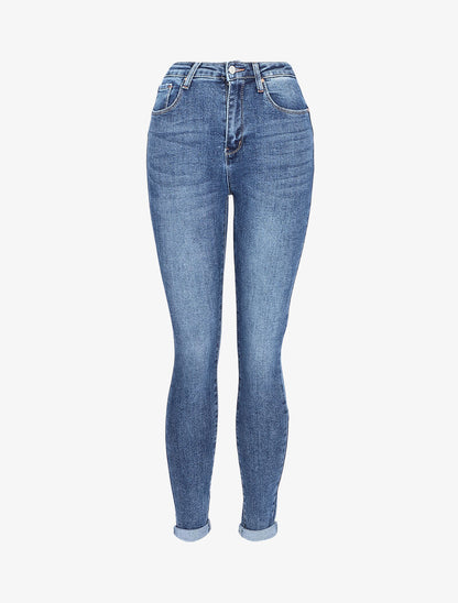 Jean push-up taille haute à coutures contrastantes - Bleu denim - 1
